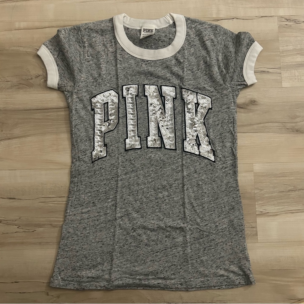 PINK Victoria's Secret Bling Sequin Short Sleeve T-Shirt Gray Extra Small